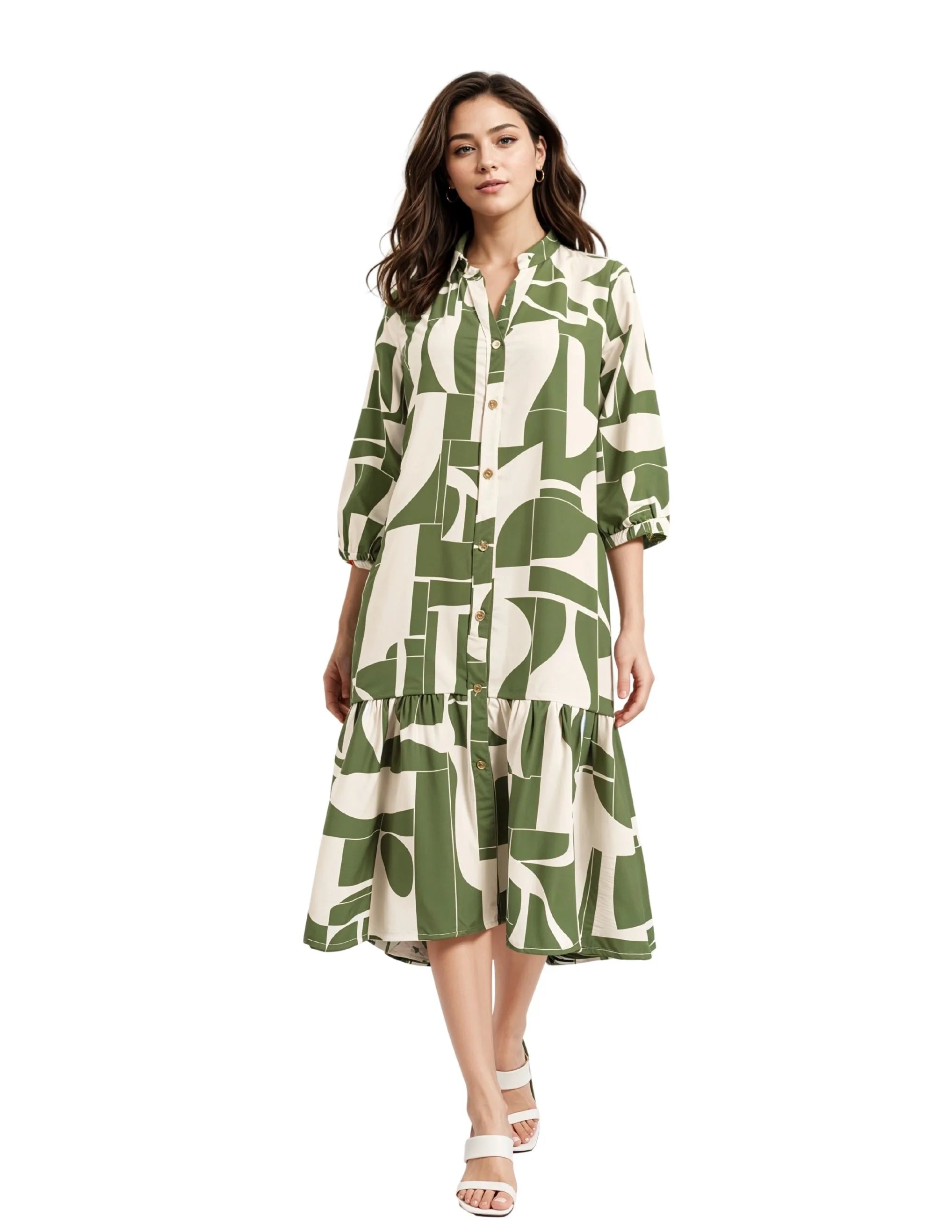 Geometric Print Flowy Maxi Dress – MINKAS SS26