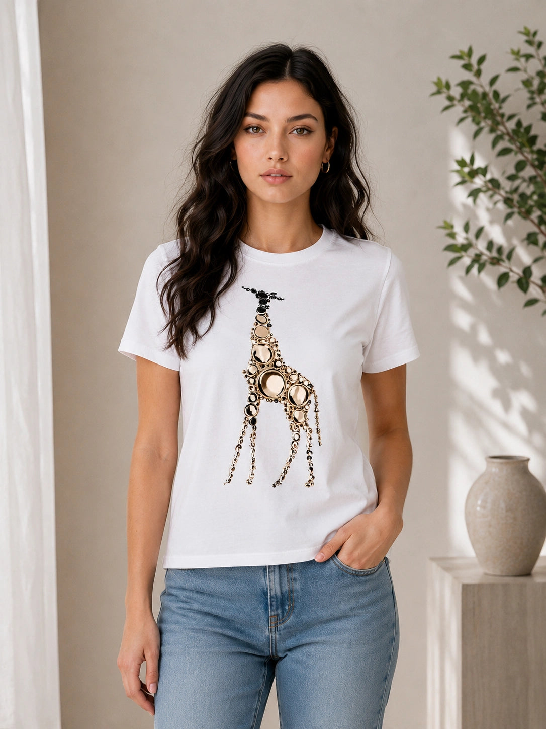 Giraffe Print Cotton Stretch Top – MINKAS SS26