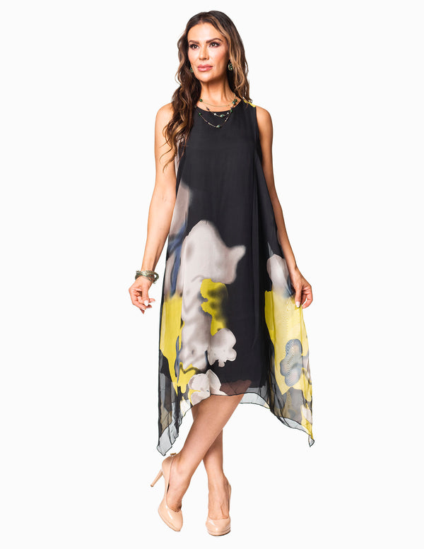 PD-14760 - FLORAL CRINKLED RUFFLE HEM DRESS